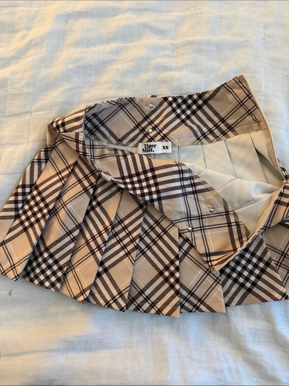 Tiger Mist Beige and Brown Plaid Pleated Mini Skirt